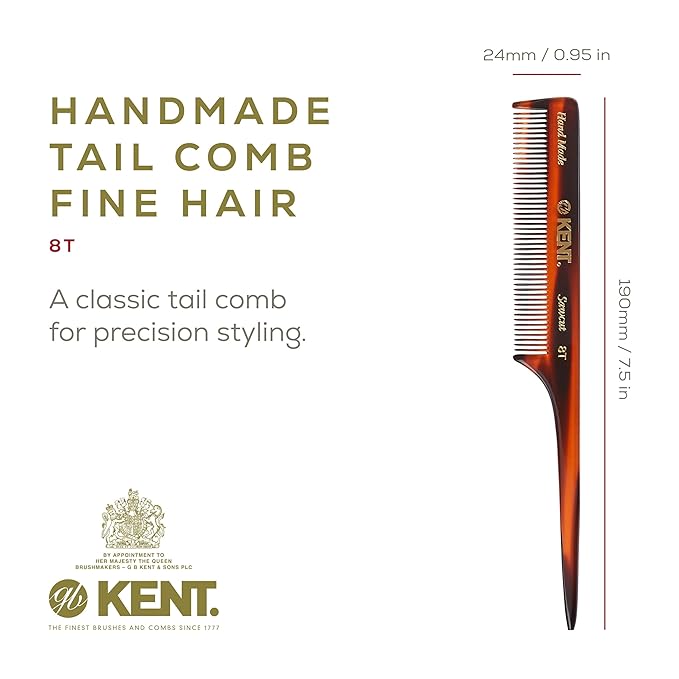 Kent 8T Rat Tail Combs Teasing Comb for Hair Styling and Sectioning, Handmade Fine Tooth Comb Parting Combs for Braiding Hair and Styling for Women, Saw Cut and Hand Polished