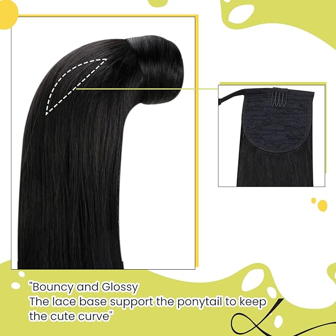 RUNATURE Human Hair Ponytail Extension Black, Real Hair Ponytail Extension With Magic Paste, Remy Natural Ponytail Hair Extensions, Straight Hair Add Volume, 18 Inch 80g #1B Off Black