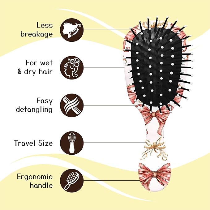 Mini Hair Brush,Cute Detangling Travel Hair Brush,Soft Bristles for Effortless Tangle Removal,Detangler Hairbrush for Women Men Boys Girls Kids Wet Dry All Hair Types (Pink Bow, Mini)