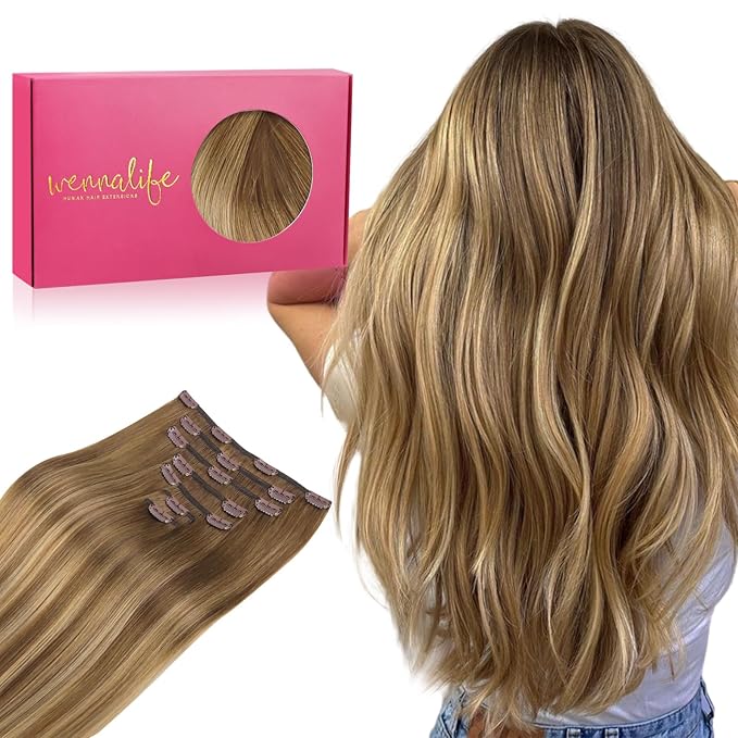 WENNALIFE Clip in Hair Extensions Real Human Hair, 14 Inch 120g 7pcs Human Hair Extensions Clip In Human Hair, Balayage Chestnut Brown Mixed Dirty Blonde Hair Extensions Clip In Real Hair Remy Human