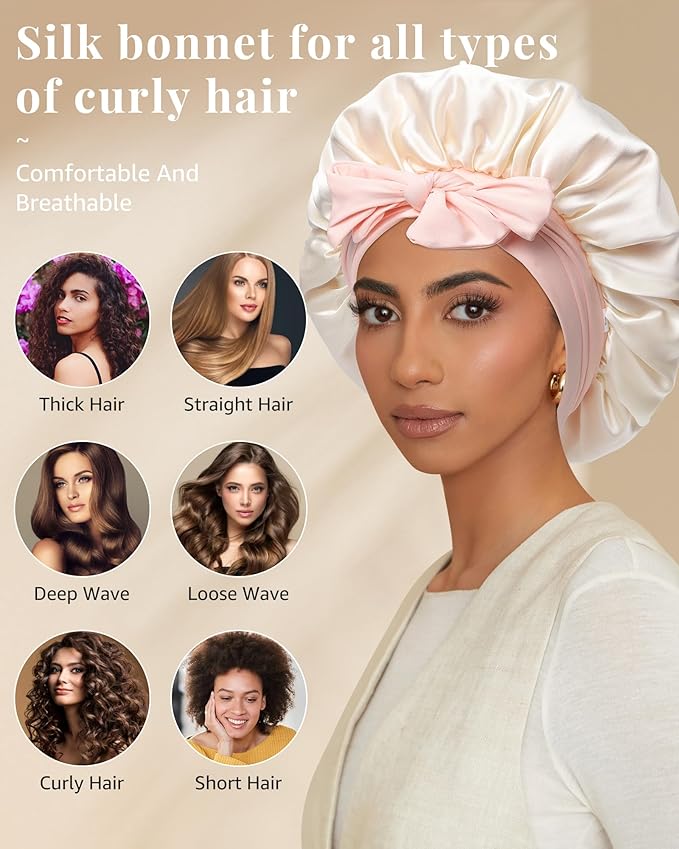 AWAYTR Silk Bonnet for Sleeping Women 100% Mulberry Silk Bonnet with Band 2 Layer Reversible Hair Bonnet Sleeping Hair Wrap (Pink/Beige)