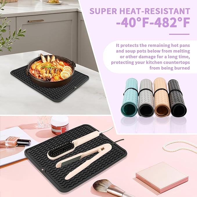 Oversize Silicone Heat Resistant Mat, Heat Mat with Velcro for Curling Iron, Travel Cover Cushion for Curling Irons, Hair Bands and Styling Tools(15.7" X 11.8") (Black)