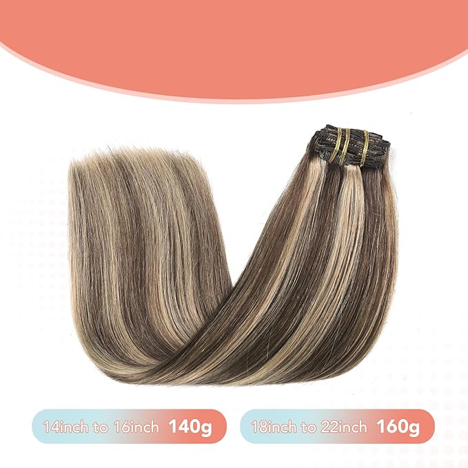 XDhair Clip in Hair Extensions Human Hair 160g 20 Inch 7pcs Chocolate Brown Mixed Caramel Blond Clip in Hair Extensions Real Human Hair for Full Head #4p27/20 inch