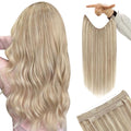 YoungSee 18 Inch Wire Hair Extensions Blonde Invisible Wire Hair Extensions Real Human Hair Ash Blonde Highlights Bleach Blond Headband Hair Extension for Women 80G