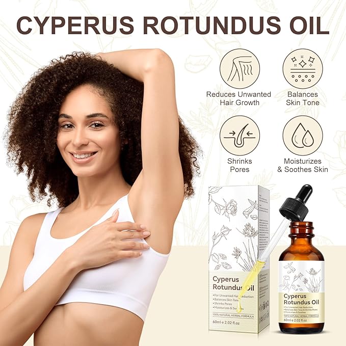 Cyperus Rotundus Oil for Hair Removal, Natural for Reducing Body Hair Growth, Reducing Body Hair Growth, Shrink Pores, Reduces Unwanted Hair Growth, Suitable for All Skin Types - 2.02 Fl Oz