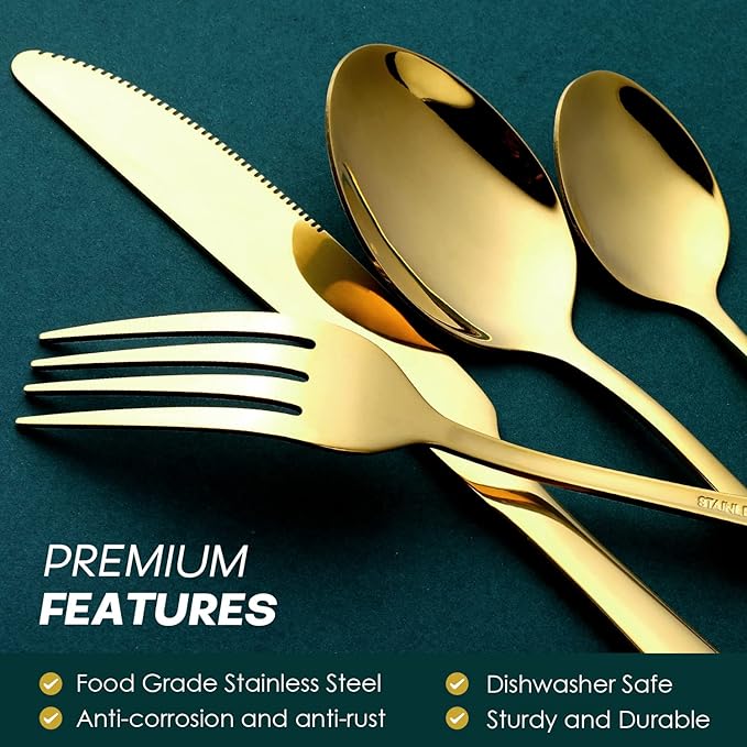 Gold Silverware Set, OGORI 24-Piece Food Grade Stainless Steel Gold Flatware Set, Kitchen Utensil Set Service for 6, Mirror Polished Tableware Cutlery Set for Home and Restaurant, Dishwasher Safe