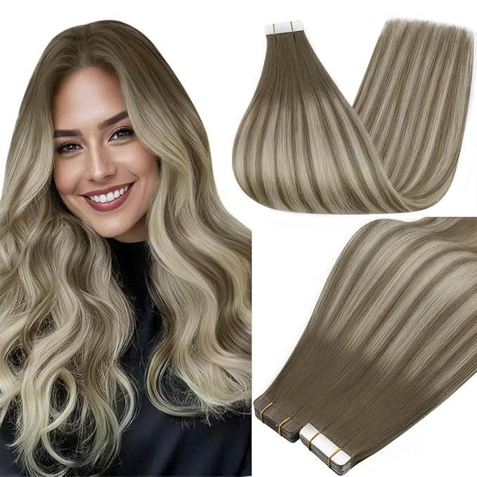 Full Shine Remy Tape in Human Hair Extensions Color 7/1000/7 Balayage Blonde Tape in Extensions Seamless Invisible Tape ins Hair Extensions Real Human Hair 20Inch Long Straight Hair 50G 20Pcs Natural