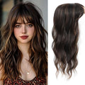 Hair Topper, 360° 3D Hair Toppers for Women with Thinning Crown, 20 Inch Long Wavy Curly Hair Pieces Clip in Bangs (Dark Brown Mixed Chestnut, 20 inch, French Bangs)