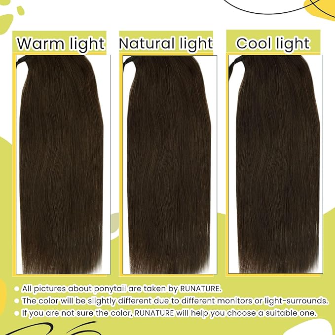 RUNATURE Human Hair Ponytail Extension Brown Straight Ponytail Hair Extensions Ponytail Extension Short Wrap Around Ponytail Human Hair Extensions Thick Pony Tails Hair Extensions 12 Inch 70g