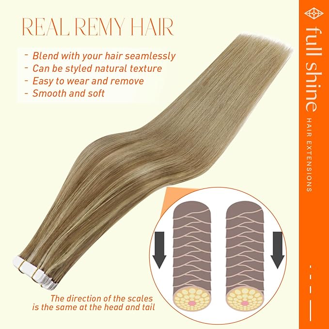 Full Shine Tape in Hair Extensions Human Hair 22 Inch Color 10 Fading to 16 Golden Blonde Highlight 16 Blonde Remy Hair Extensions Double Sided Real Hair Extensions Tape in 50G 20Pcs