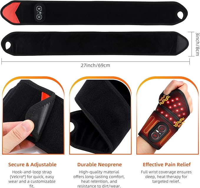 Cordless Wrist Hand Heating Pad Massage for Pain Relief, Rechargeable Heated Wrist Brace for Carpal Tunnel, Red Light Therapy Heated Wrist Massager Wrap for Arthritis, Black