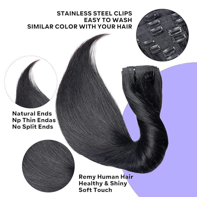 Seamless Clip in Hair Extensions - Real Human Hair Straight Brazilian Remy Hair Clip in Extensions 8Pcs Invisible Skin Weft 18Clips 120g 28inch Natural Black