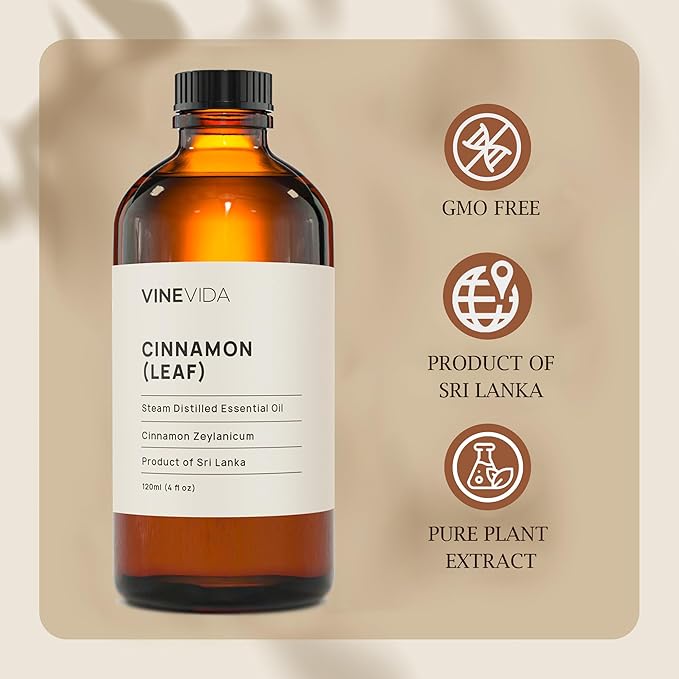 VINEVIDA Cinnamon Leaf Essential Oil 4 oz - Undiluted Cinnamon Oil 4 oz - Cinnamon Candle Oil Scent - DIY Candle Scents for Candlemaking - Bulk Essential Oil for Soap Making Safe for Skin