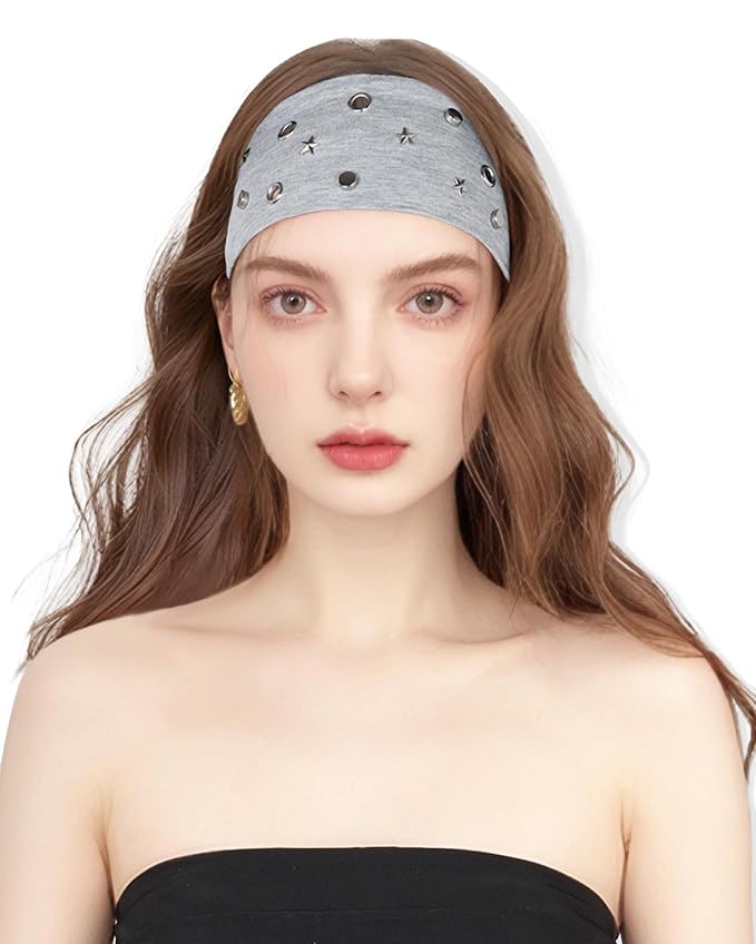 Grommet Headband for Women, Little Star Grey 23cm Hollow Out Elastic Hair Band, Eyelets Punk Grunge Stylish Hairband