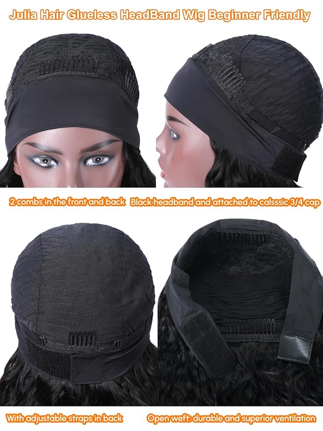 Julia Hair 12A Headband Wig Human Hair Yaki Straight Glueless None Lace Half Wig With Pre-attached Scarf Ombre Chestnut Brown Highlight With Dark Roots for Black Women Put on and Go 20 Inch