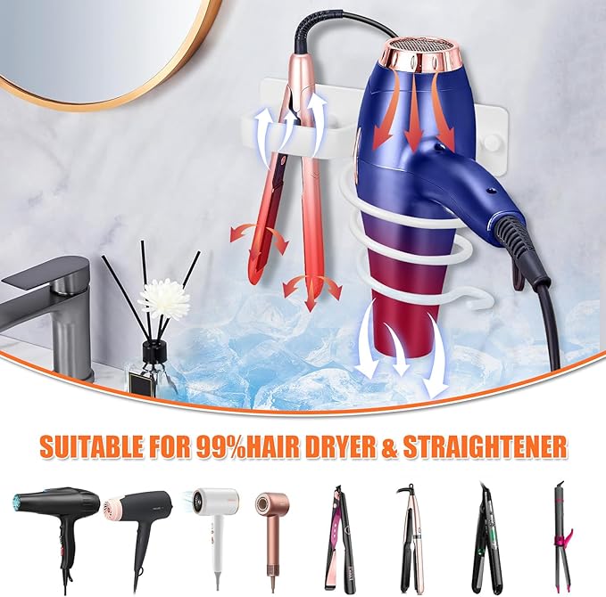 YUET Hair Dryer Holder Hairdryer Straightener Station Wall Mounted Metal Spiral Shelf Bracket Stand Hanger Organizer Blow Storage With Cable Tidy Rack For Dressing Table Bathroom Professional (White)