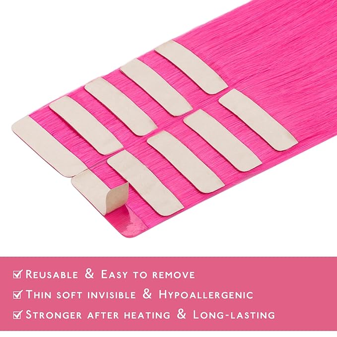 Wennalife Tape in Hair Extensions Human Hair Hot Pink Tape in Extensions, 10pcs 25g 14 inch Remy Invisible Tape Ins Straight Colored Soft Real Human Hair Tape in Extensions Refill Set Extensions