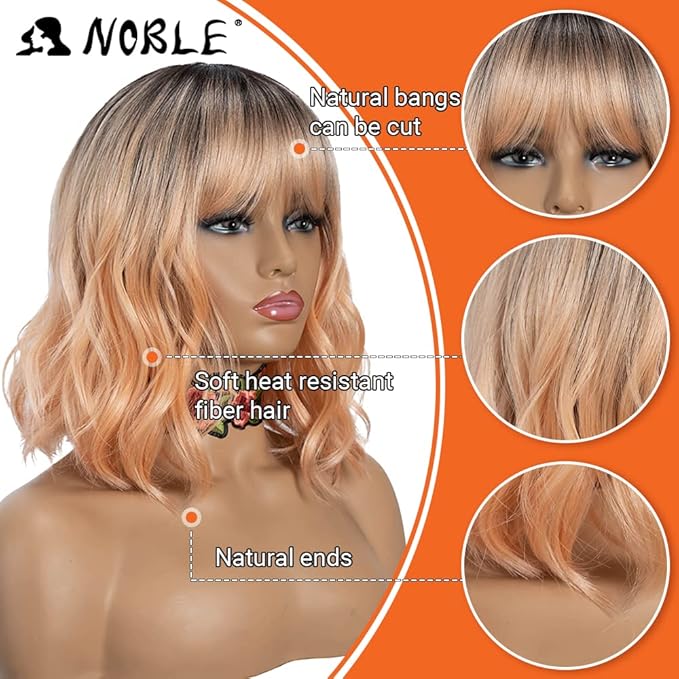 NOBLE Pink Orange Wig for Women Peach Wig with Bangs Ombre Bob Curly Wigs with Air Bangs Synthetic Short Wavy Wigs with Bangs Heat Resistant Synthetic Daily Party Cosplay Costume Wigs