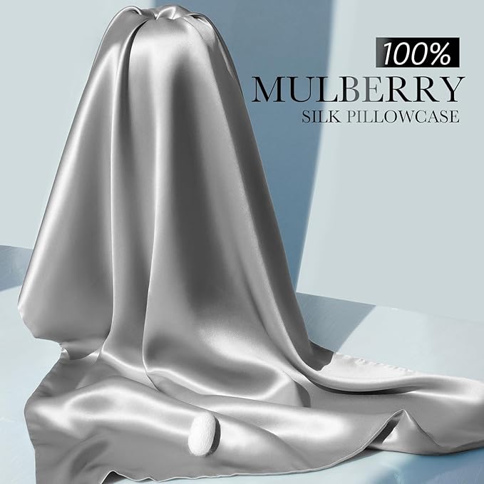 100% Mulberry Silk Pillowcase for Hair and Skin, 22 Momme Pure Natural Silk Pillow Case Both Sided with Zipper, Pillow Cover for Women Mom Men (Silver Grey, King 20''×36'', 2 Pack)