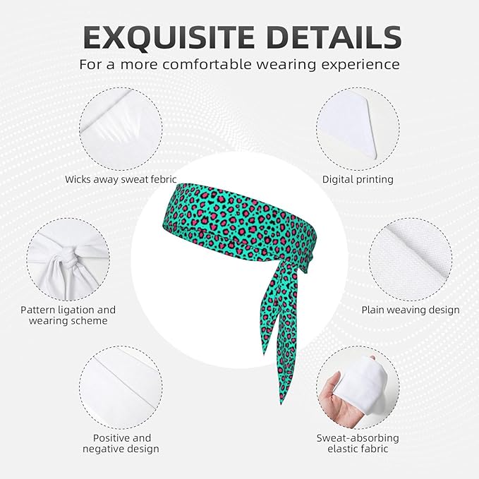 Boys Girls Sports Sweat Band, Boho Style Elastic Head Ribbon for Running Fitness Spa, Beauty Skinny Cheetah Turquoise Mint Green Leopard Print Headwear Hand Decor