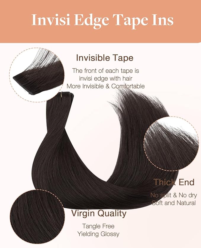 GOO GOO Invisi Edge Tape in Hair Extensions Human Hair, 2 Dark Brown 20pcs injected with 20pcs classical tape ins, 10inch 60g, Virgin Remy Hair, Natural Look