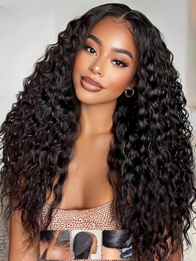 KLAIYI Bye Bye Slip™ Water Wave 7X5 Precut Lace Front Human Hair Wig Drawstring Glueless 3S Ready to Wear and Go Wig with Baby Hair Pre Plucked Bleached Bye Bye Knots Curly Wig 180%Density Full 16Inch