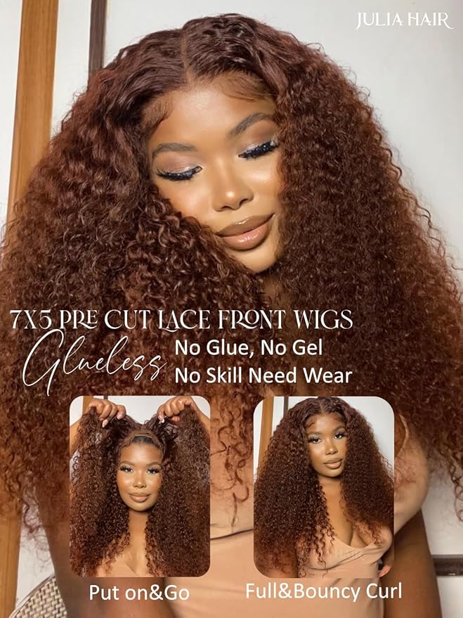 Julia Hair Reddish Brown Glueless Jerry Curly Human Hair Invisi-Drawstring Wig Auburn Pre Cut 7x5 Lace Front Wigs Pre Plucked Bleached Pre Cut Lace Closure Natural Hairline Put On and Go 20 Inch