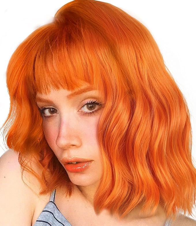 Wavy Wig With Bangs Women's Short Orange Wigs Curly Wavy Bob Synthetic Cosplay Wig for Girls Daily Use Halloween Wigs(12" Orange)