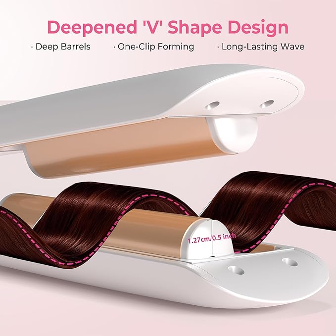 Curling Iron Hair Crimper Waver, 1/2 Inch Beach Waves Curling Wands, Ceramic 2 Barrels Deep Waver, Dual Voltage Hair Culer Tools with EU/UK Plug Adapter, 12 Temps, 30S Fast Heat up, Auto-Off (White)