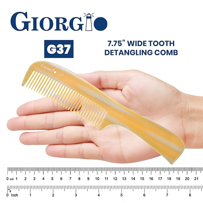 Giorgio G37 Large Coarse Hair Detangling Comb, Wide Teeth for Long Thick Curly Wavy Hair. Detangler for Wet and Dry. Handmade Rake Saw-Cut from Cellulose Hand Polished Imitation Horn