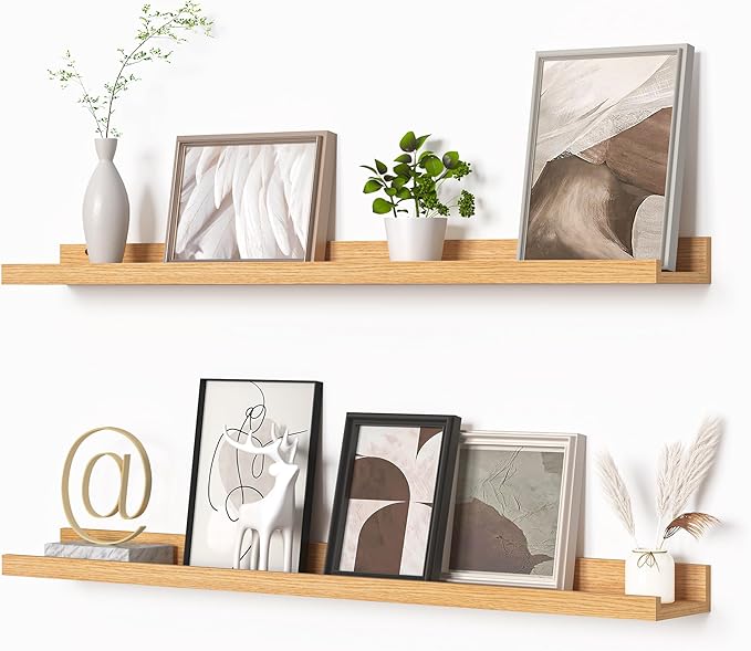 Heimlove Picture Ledge Shelf, Floating Shelves Set of 2, 36 Inches Picture Shelf for Wall with Ledge, Kids Bookshelf Wall Mounted for Living Room Bedroom Decor Books Photo Frames - Natural Oak