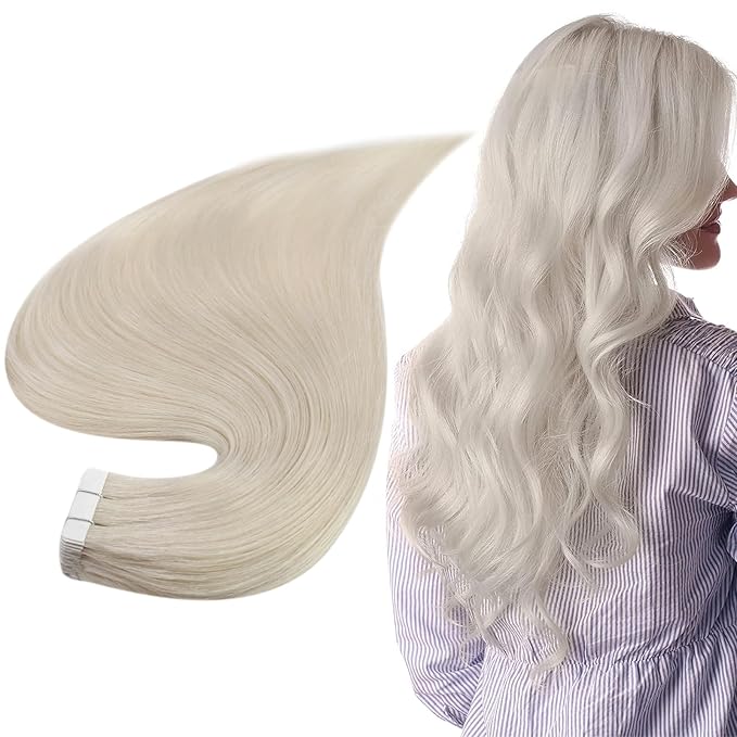 Full Shine Thick Tape in Hair Extensions Human Hair 24 Inch Color 1000 White Blonde Double Sided Tape in Extensions Invisible Seamless Real Remy Skin Weft 20Pcs Add Length Silky Soft