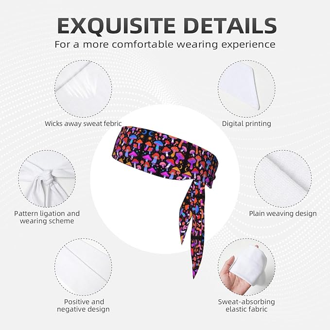 Boys Girls Cool Sports Sweat Band Head Decor for Running Athletic Spa, Long Multipurpose Goth Sun Moon Star Magic Hippie Trippy Mushroom Head Ribbon Headdress