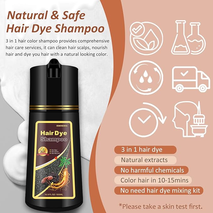 Coffee Hair Dye Shampoo 3 in 1, Natural Brown Hair Color for Men & Women, Long Lasting Shampoo Para Canas for All Hair Types, Easy to Use Herbal Brown Dye, 16.9 Fl Oz (Coffee)