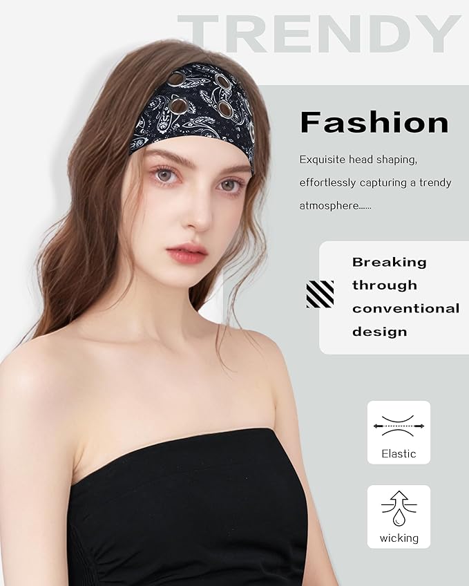 Grommet Headband for Women, Black Paisley 23cm Hollow Out Elastic Hair Band, Eyelets Punk Grunge Stylish Hairband