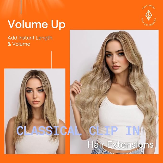 Full Shine Clip in Hair Extensions Balayage Hair Extensions Clip in Human Hair Color 10 Brown Mix to 16 Blonde Highlighted Double Weft Straight Hair Clip ins 7 Pcs 14 Inch 120 G