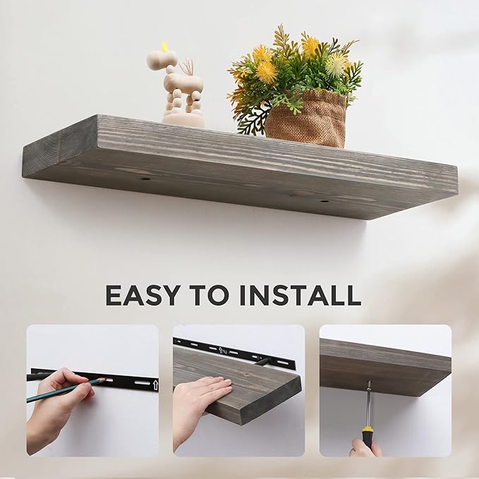 Fun Memories European Pine Floating Shelves for Wall, Mounted Shelf for Decor Storage Set of 2 - Natural Rustic Wooden Wall Shelf for Kitchen Bathroom Living Room Bedroom Farmhouse - Grey