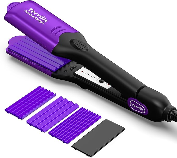 Terviiix Crimper Hair Iron with 4 Interchangeable Plates, Keratin & Argan Oil Infused Hair Crimper for Women, Volumizing Crimping Iron for Thin Fine Hair, 5 Heat Settings & 60 Mins Auto Off, Purple