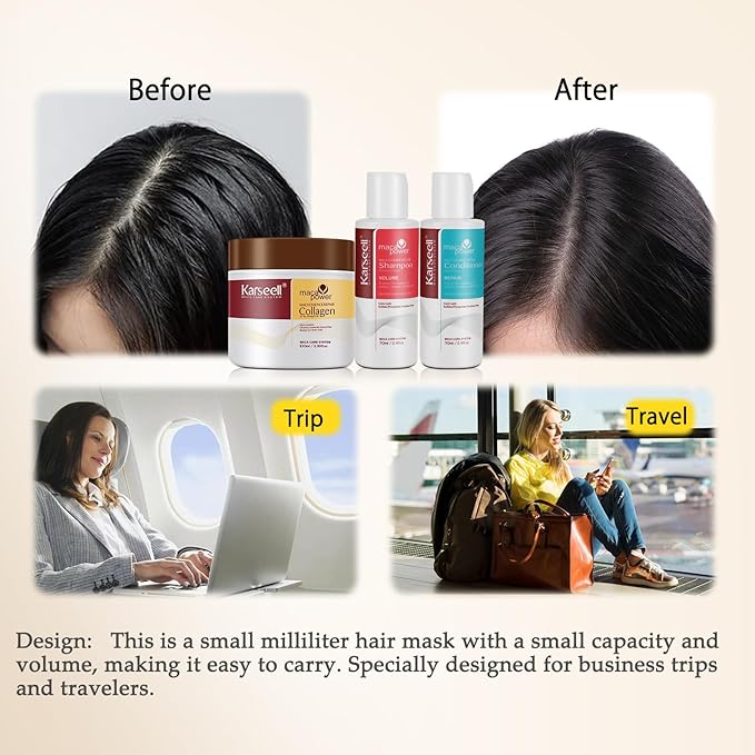 Karseell Travel Size Toiletries for Women Hair Essentials Kit Volumizing Shampoo and Conditioner Set with Collagen Hair Mask Convenience Kits for Dry Damaged Hair All Hair Types