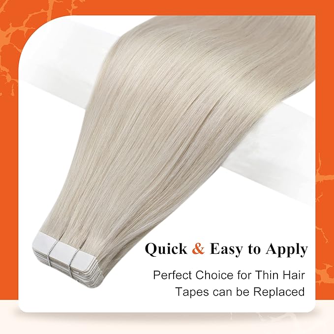 Full Shine Thick Tape in Hair Extensions Human Hair 24 Inch Color 1000 White Blonde Double Sided Tape in Extensions Invisible Seamless Real Remy Skin Weft 20Pcs Add Length Silky Soft