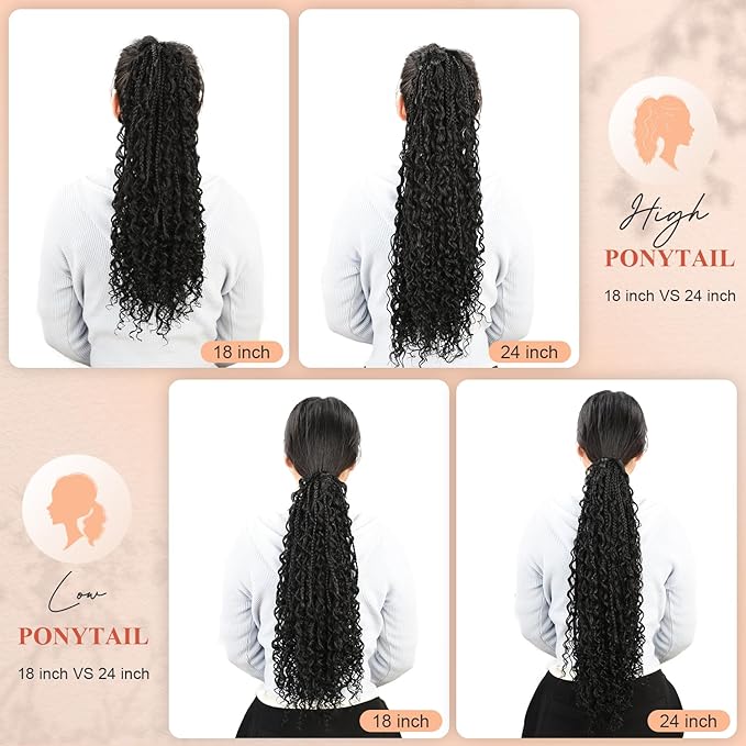 Drawstring Ponytail for Women 18 inch Boho Box Braids with Long Wavy Hair Clip in Ponytail Extension Synthetic Hair Extensions Ponytail for Daily Use (1B#, 18 Inch)