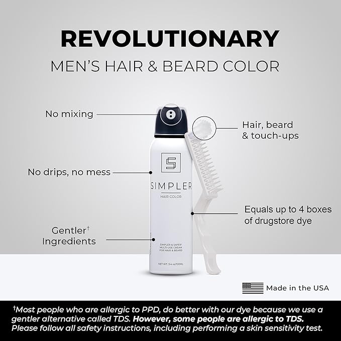 Simpler Hair Color for Men Kit for Full Gray Coverage - Brown Black Hair Dye Foam for Men w/Aloe Vera, Avocado Oil & More - Effortless, 100% Gray Hair Coverage and Beard Dye