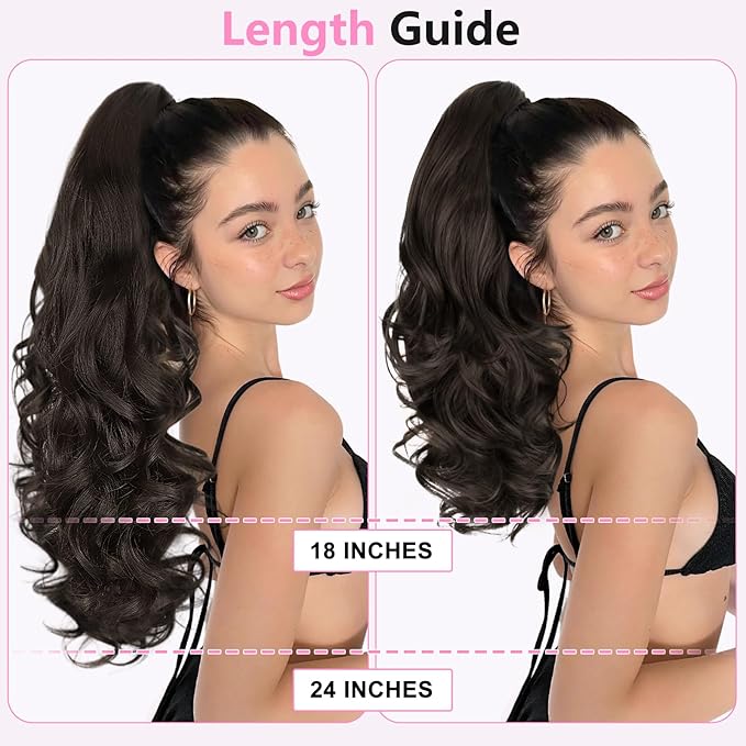 ALXNAN Ponytail Extension,18 Inch Claw Clip in Long Curly Wavy Black Brown Ponytail Hair Extension Jaw Clip on Pony Tails Hairpiece for Women