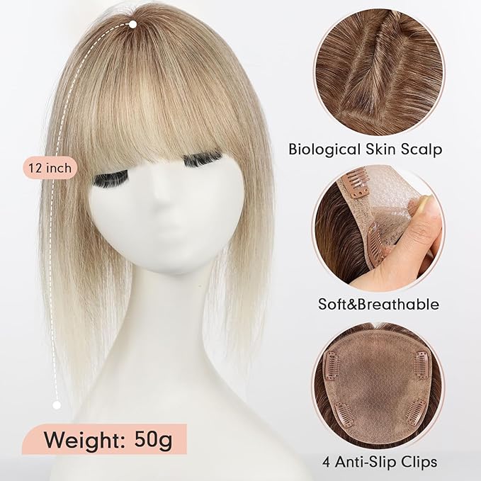 starluck Hair Toppers for Women Real Human Hair 5"*5.5"Large Coverage Gray Brown & Platinum Blonde with Bangs 100% Real Human Hairtoppers for Women with Thinning Hair Cover Gray Roots