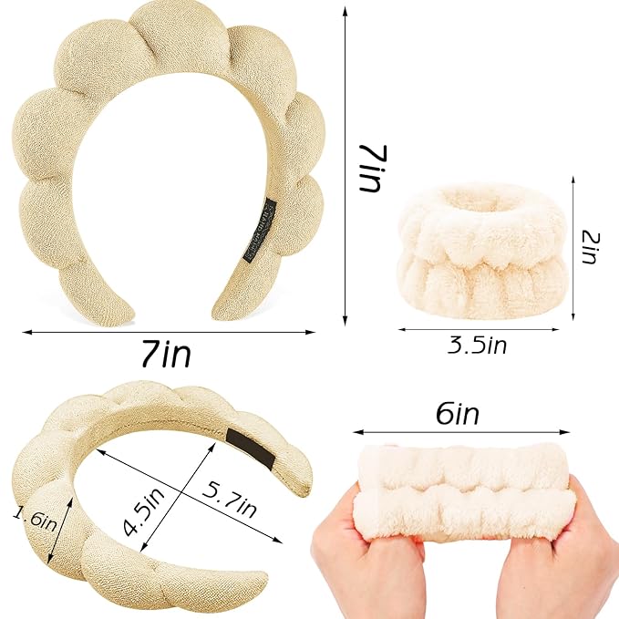 Zkptops 6Pcs Spa Headband for Washing Face Wristbands Set Women Bubble Skincare Makeup Sponge Terry Cloth Padded Puffy Headband Bow Tie Hairband Cute Non Slip Thick Hair Accessory Gifts (Brown)