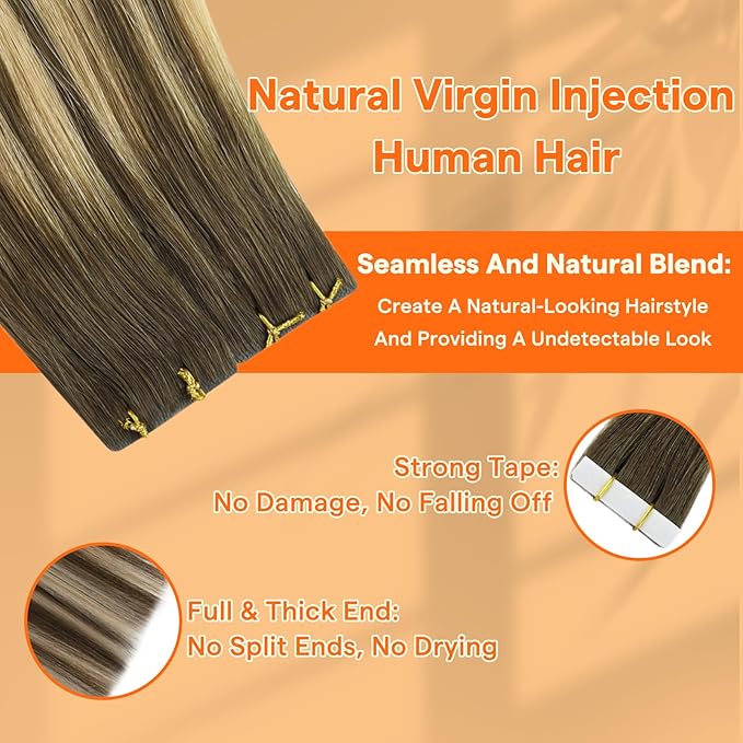 Full Shine Virgin Tape in Human Hair Extensions Balayage 4 Medium Brown Fading to 27 Honey Blonde and 4 Injection Natural Tape in Extensions Human Hair 20Inch Straight Real Human Hair 20Gram 10Pcs