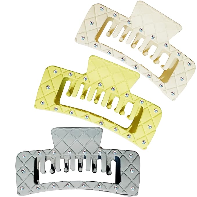 Bling bling Rhinestones Square Hair Clips Double Row Teeth,2 Rows Teeth Rectangle Hair Claw Clips with Shiny Rhinestones,Women Girls Sparkly Thick Hair Accessories Set (cream beige grey)