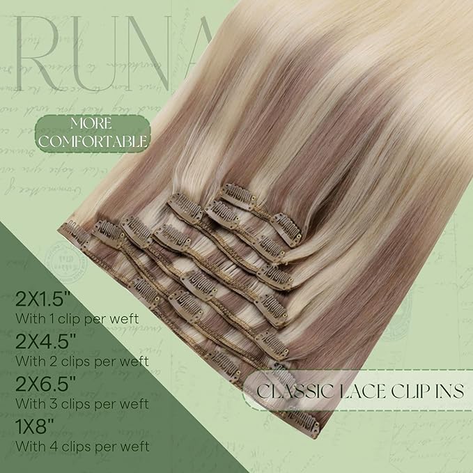 RUNATURE Balayage Clip in Hair Extensions, Natural Remy Thick Hair for Women, Double Weft Real Human Hair Extensions Clip Ins, 14 Inch 120g 7pcs #18/22/60 Ash Blonde Ombre to Bleach Blonde