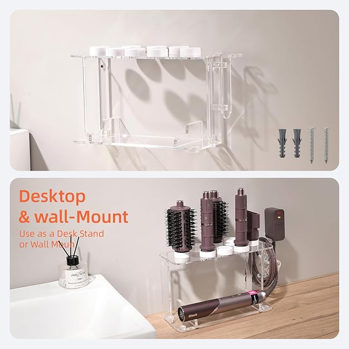 Hair Tool Holder for Dyson Airwrap, Acrylic Double-Layer Storage Holder, Hair dryer Stand Wall Mounted or Desktop, Shark Hair Dryer Holder for Dyson & Shark Attachments, Transparent