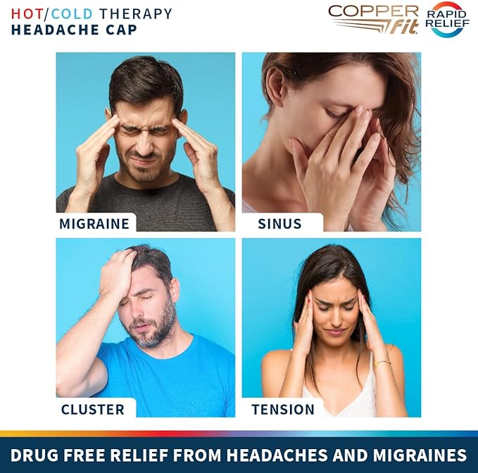 Copper Fit Rapid Relief PRO Migraine Headache Relief Cap, Soothing Ice Pack Mask Products, Cooling Gel Hat, Face Cold Compress Head Wrap for Tension, Stress, Sinus, Hangover– Class 1 Medical Device